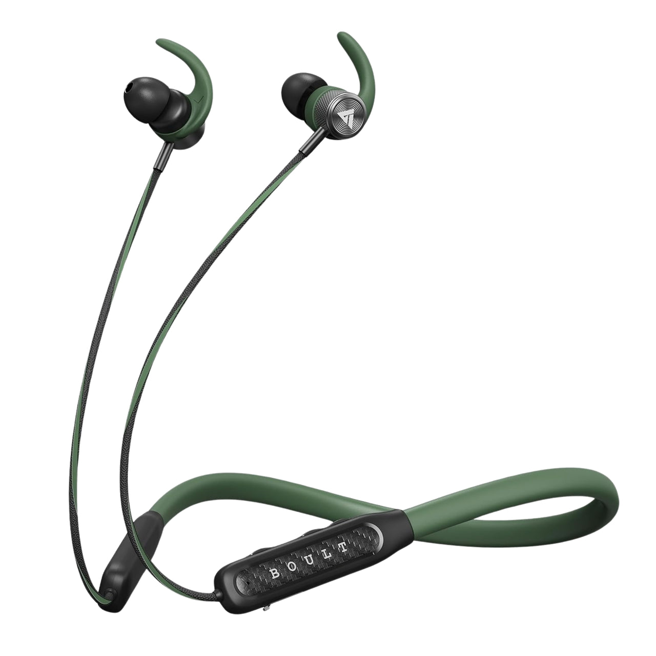 Green wireless earbuds with a charging cable on a white background