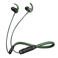 Green wireless earbuds with a charging cable on a white background