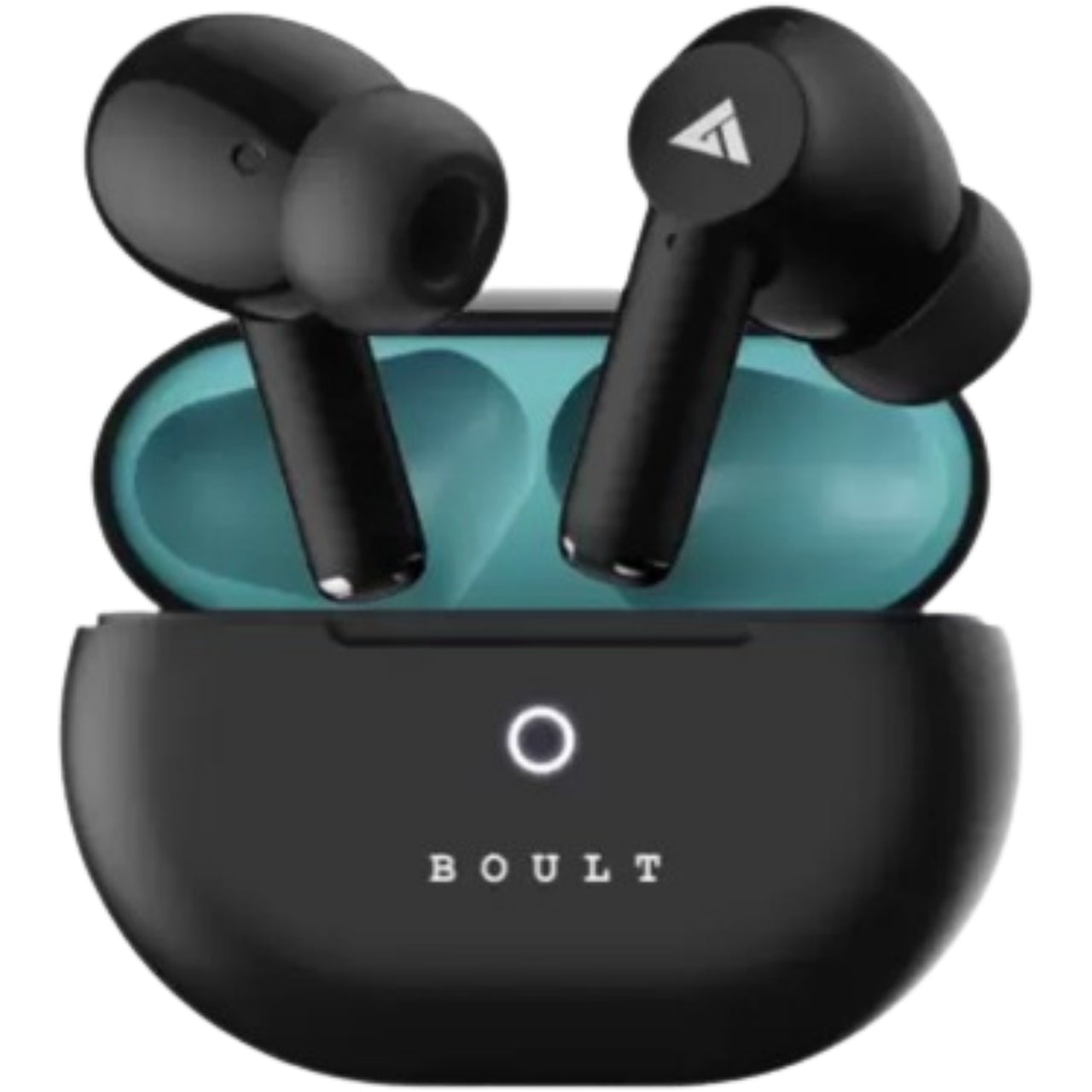Black wireless earbuds with charging case on a white background, featuring the brand 'BOULT'.