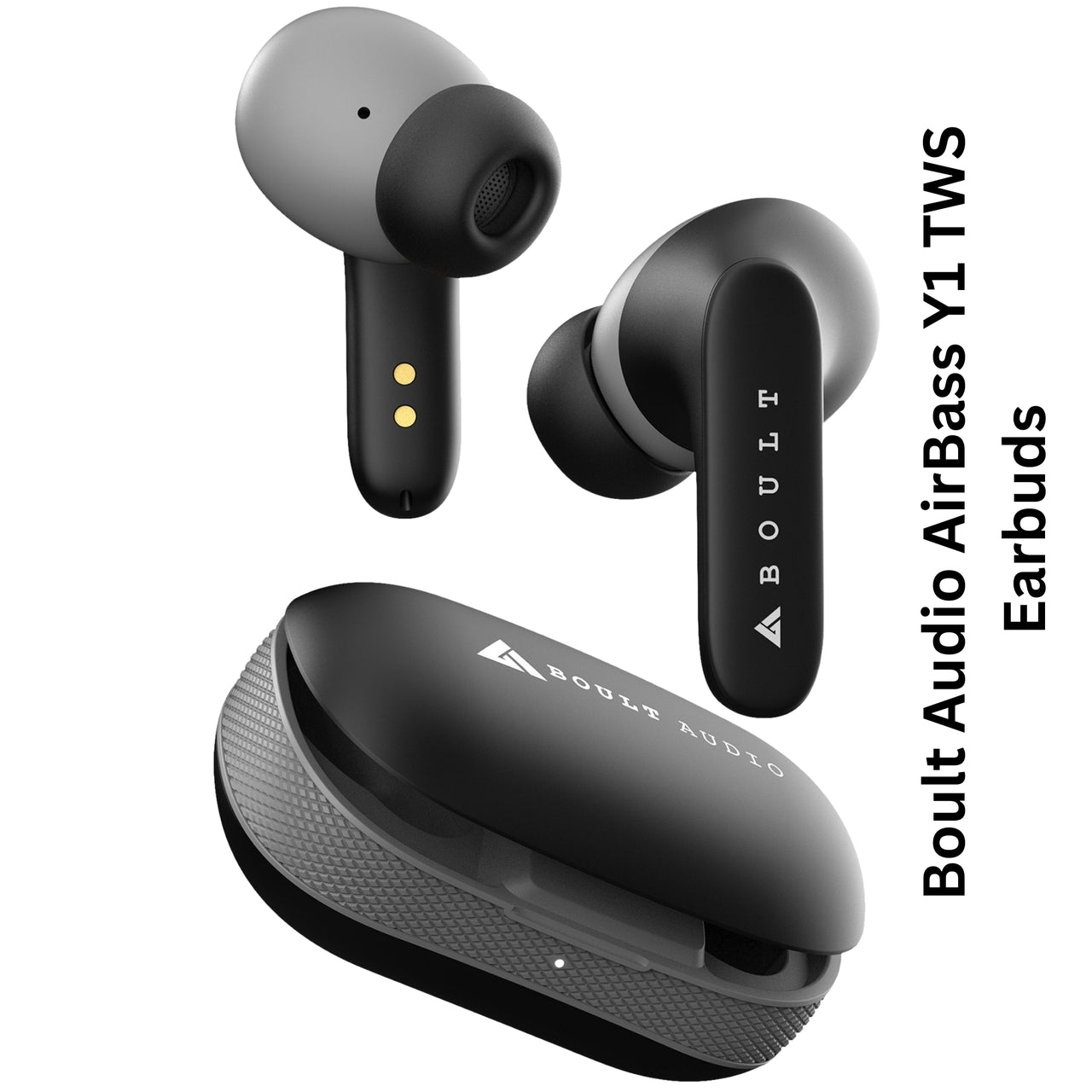 Boult Audio AirBass Y1 TWS earbuds with charging case on a white background