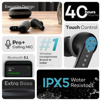 Collage of wireless earbuds with features highlighted on a white background
