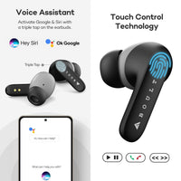 Black wireless earbuds with touch control technology and voice assistant features on a white background.