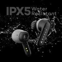 Water-resistant wireless earbuds with 'IPX5' label and brand name on a black background.
