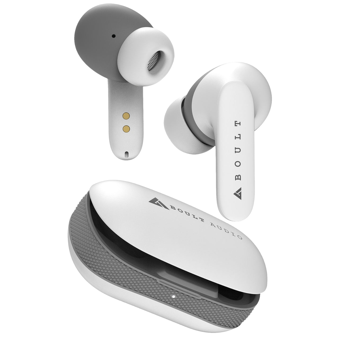 Boult Audio wireless earbuds with charging case on a white background