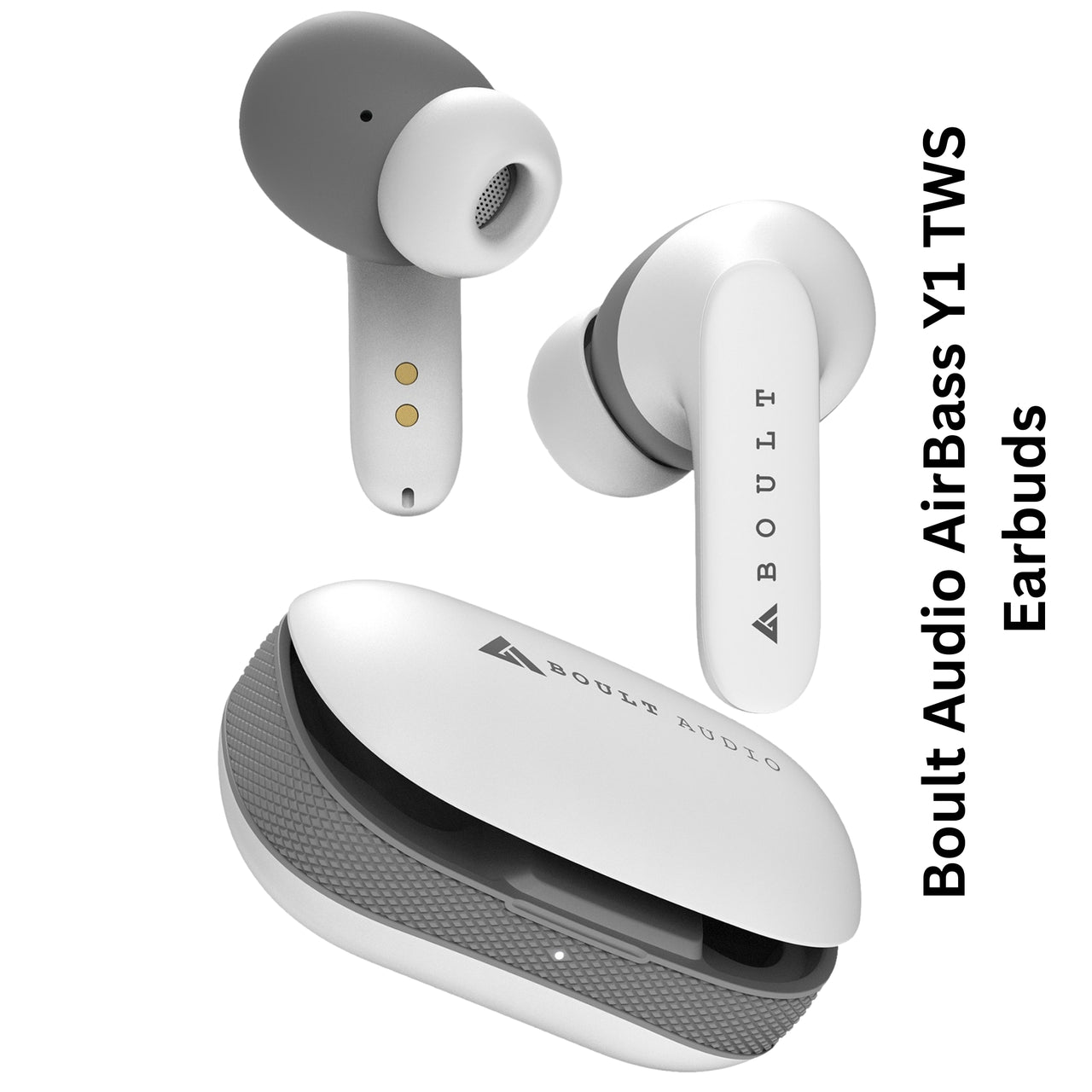 Boult Audio AirBass Y1 TWS earbuds with charging case on a white background