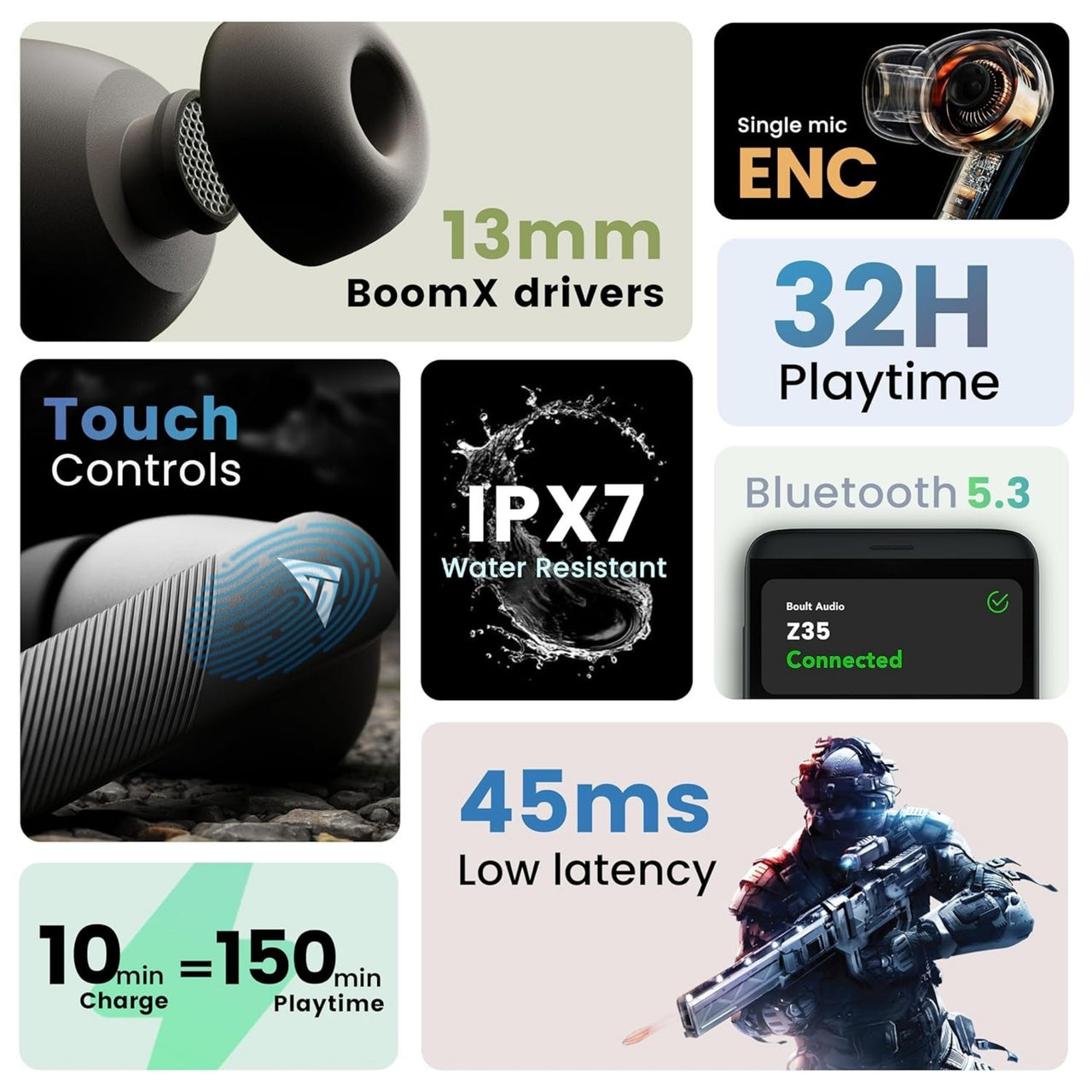 Collage of features and specifications of a wireless earbud with gaming context.