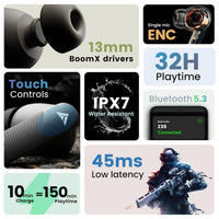 Collage of features and specifications of a wireless earbud with gaming context.