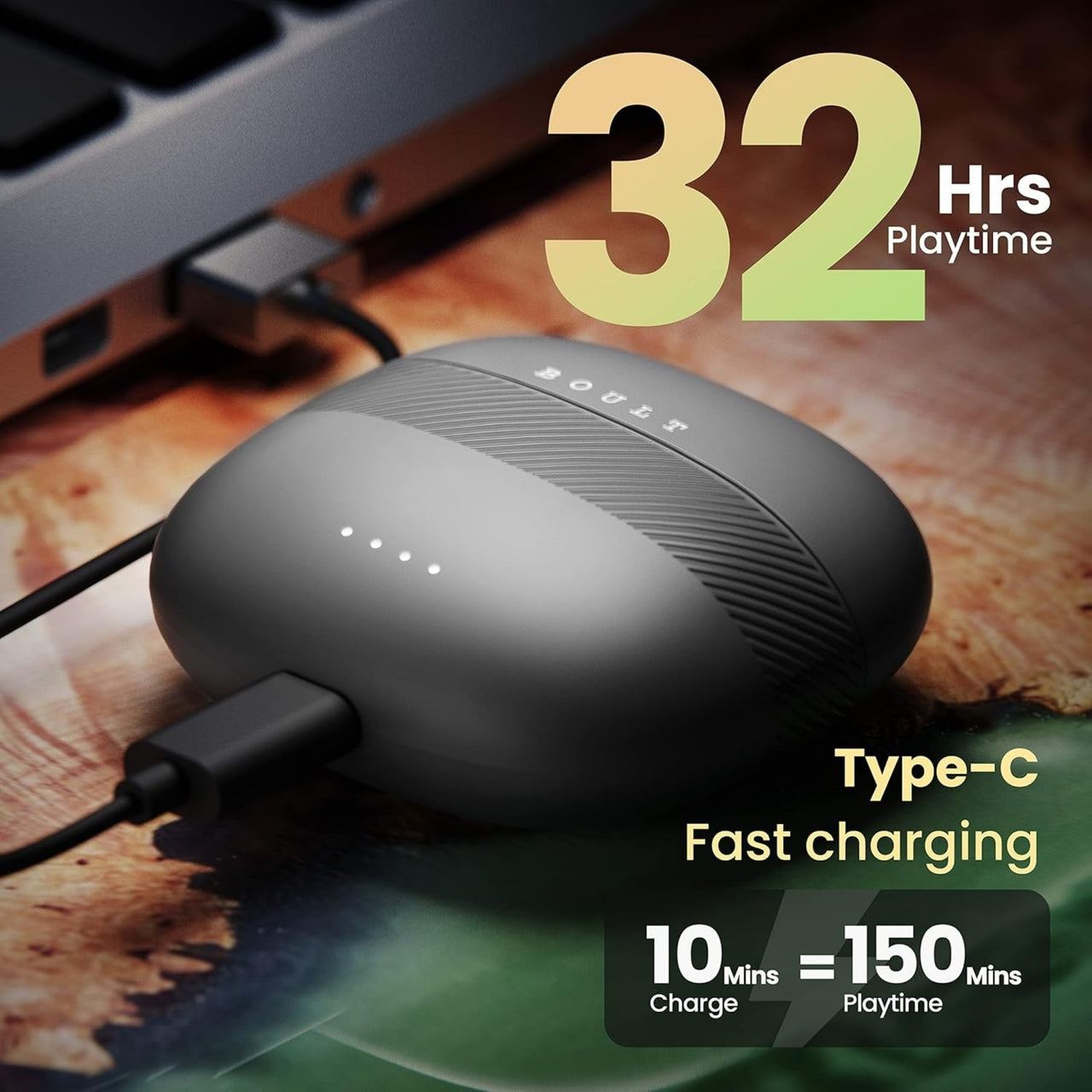 Black electronic device with charging cable, '32 Hrs Playtime' text, and 'Type-C Fast charging' label on a blurred background.