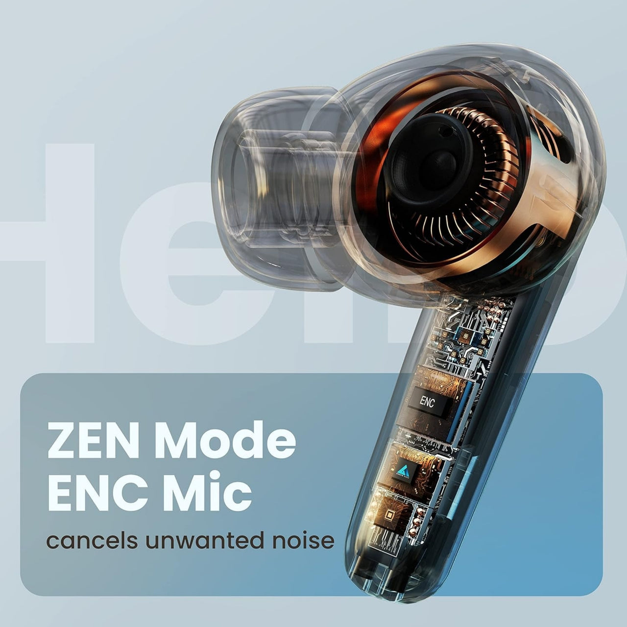 Transparent earbud with electronic components on a light blue background, featuring text about noise cancellation.