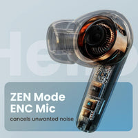 Transparent earbud with electronic components on a light blue background, featuring text about noise cancellation.