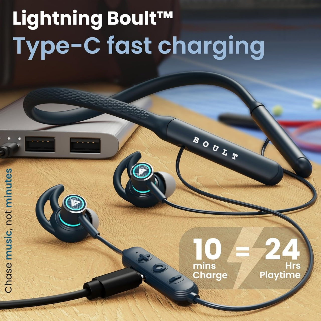 Wireless earbuds with charging cable on a wooden surface, featuring 'Lightning Boult' branding.