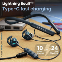 Wireless earbuds with charging cable on a wooden surface, featuring 'Lightning Boult' branding.