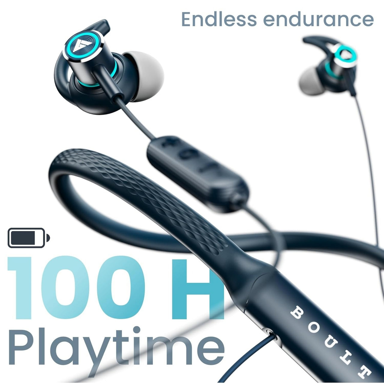 Boult wireless earbuds with 100 hours playtime on a white background