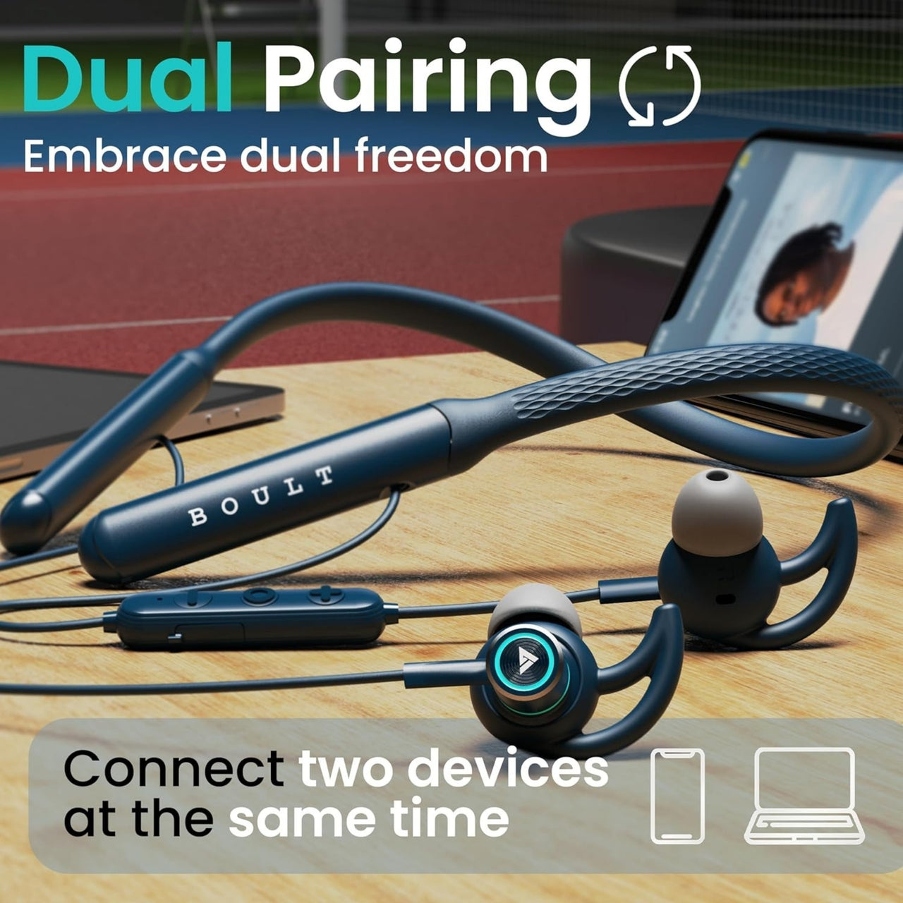 Boult wireless earbuds with dual pairing feature on a wooden surface.