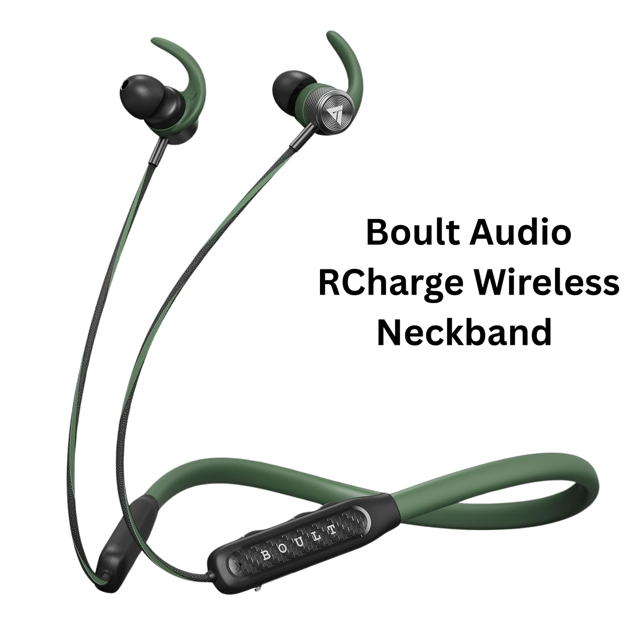 Green wireless neckband headphones with charging cable on a white background, labeled 'Boult Audio RCharge Wireless Neckband'.