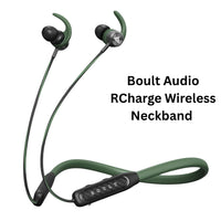 Green wireless neckband headphones with charging cable on a white background, labeled 'Boult Audio RCharge Wireless Neckband'.