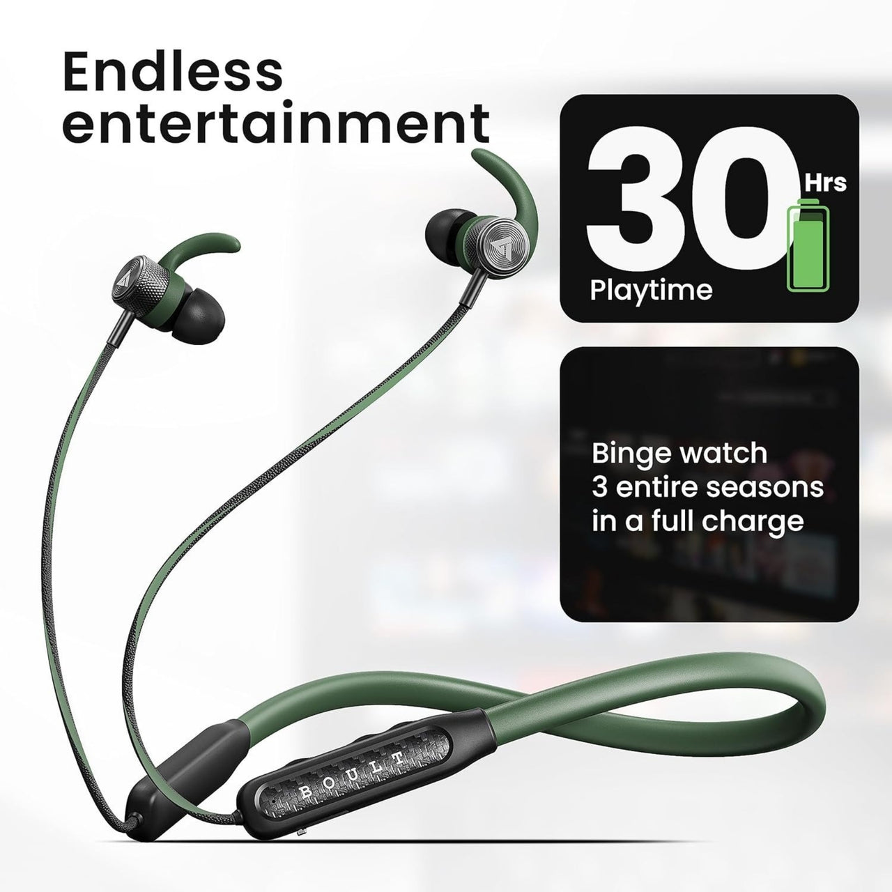 Green wireless earbuds with 30-hour playtime on a white background