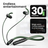 Green wireless earbuds with 30-hour playtime on a white background