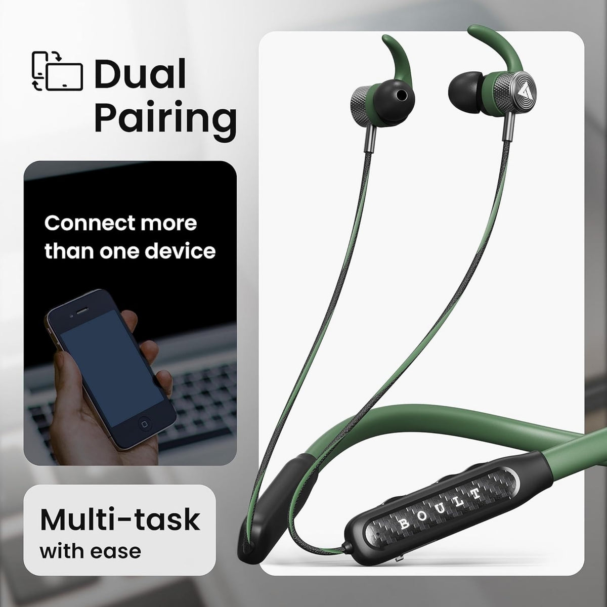 Green wireless earbuds with dual pairing feature on a gray background