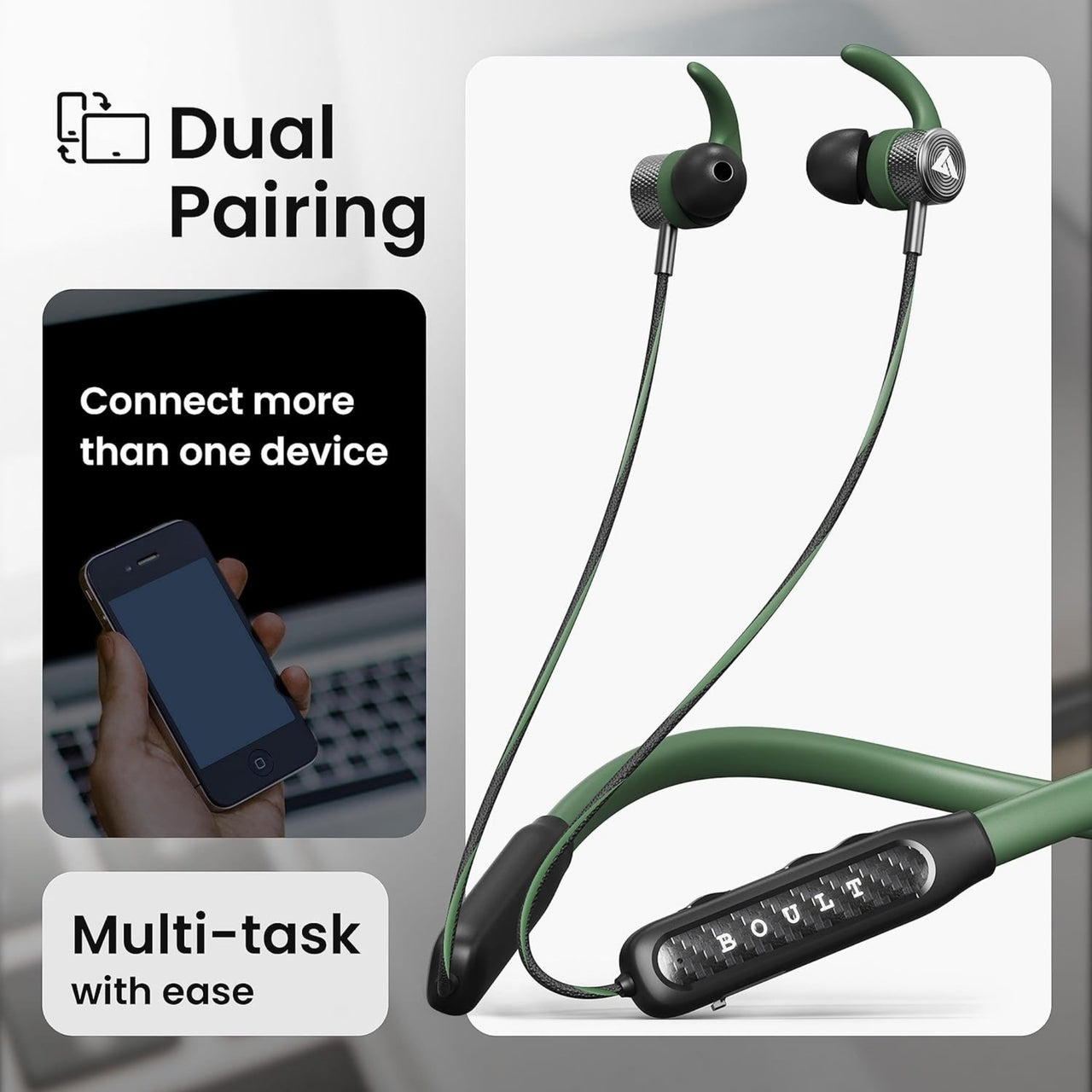 Green wireless earbuds with dual pairing feature on a gray background