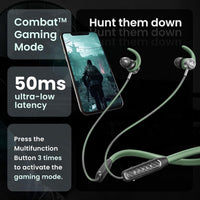 Gaming headset with smartphone displaying a first-person shooter game, text highlighting features like 'Combat Gaming Mode' and '50ms ultra-low latency'.