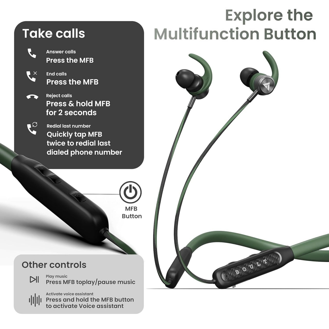 Green wireless earbuds with control instructions on a white background
