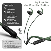 Green wireless earbuds with control instructions on a white background