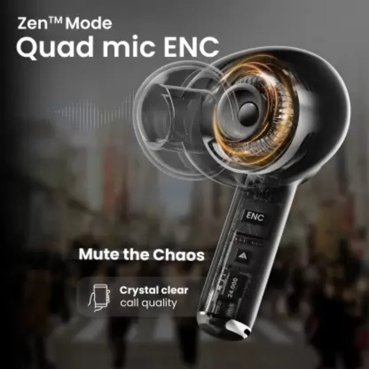 Earpiece with quad mic ENC technology on a dark background