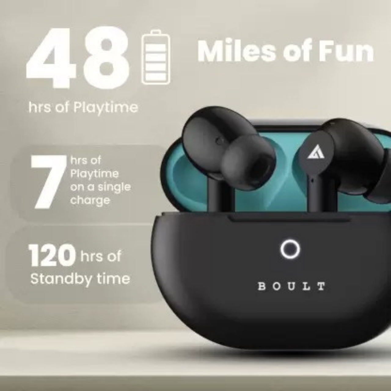 Black wireless earbuds with charging case and battery life information on a light gray background