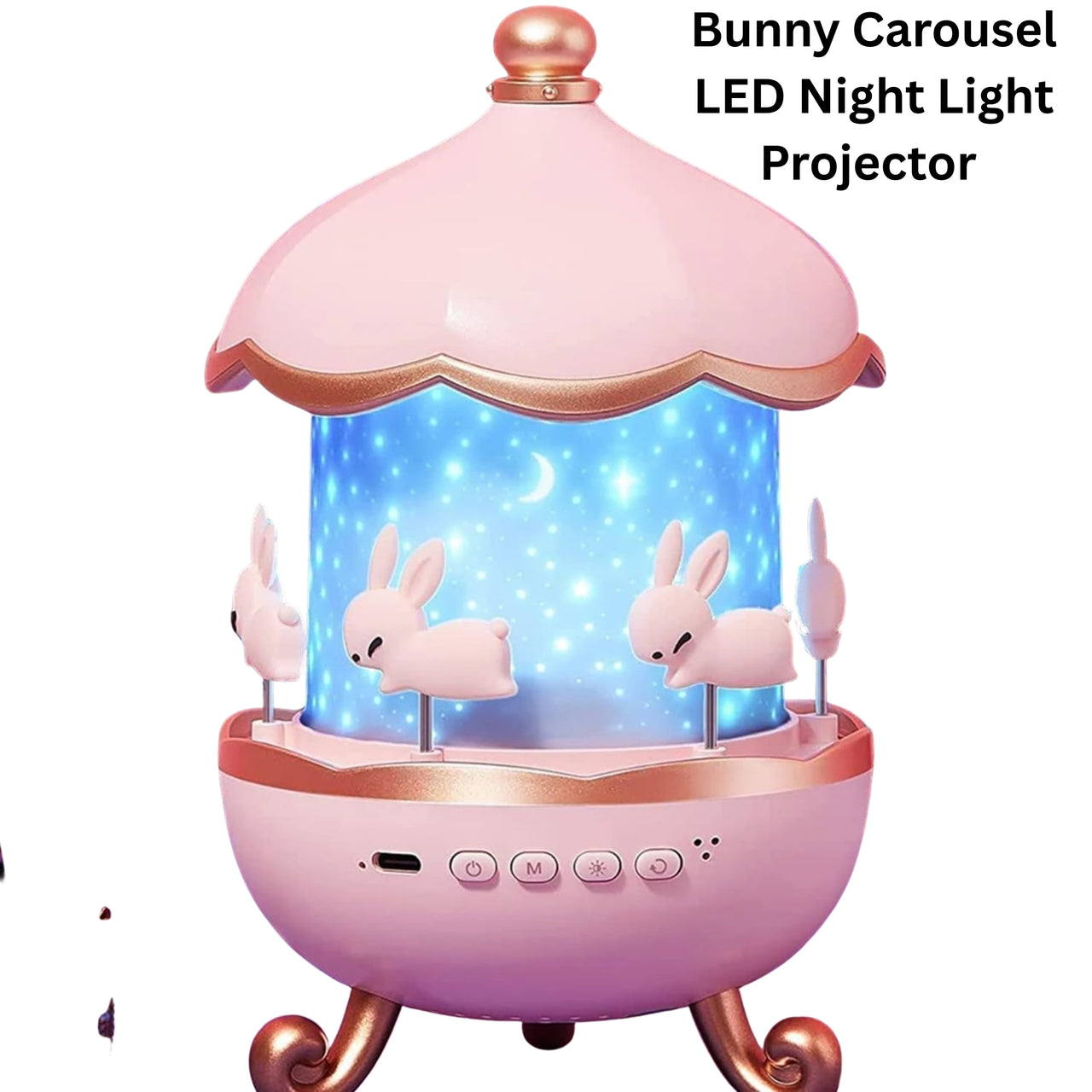 Pink bunny carousel LED night light projector with blue interior on a white background