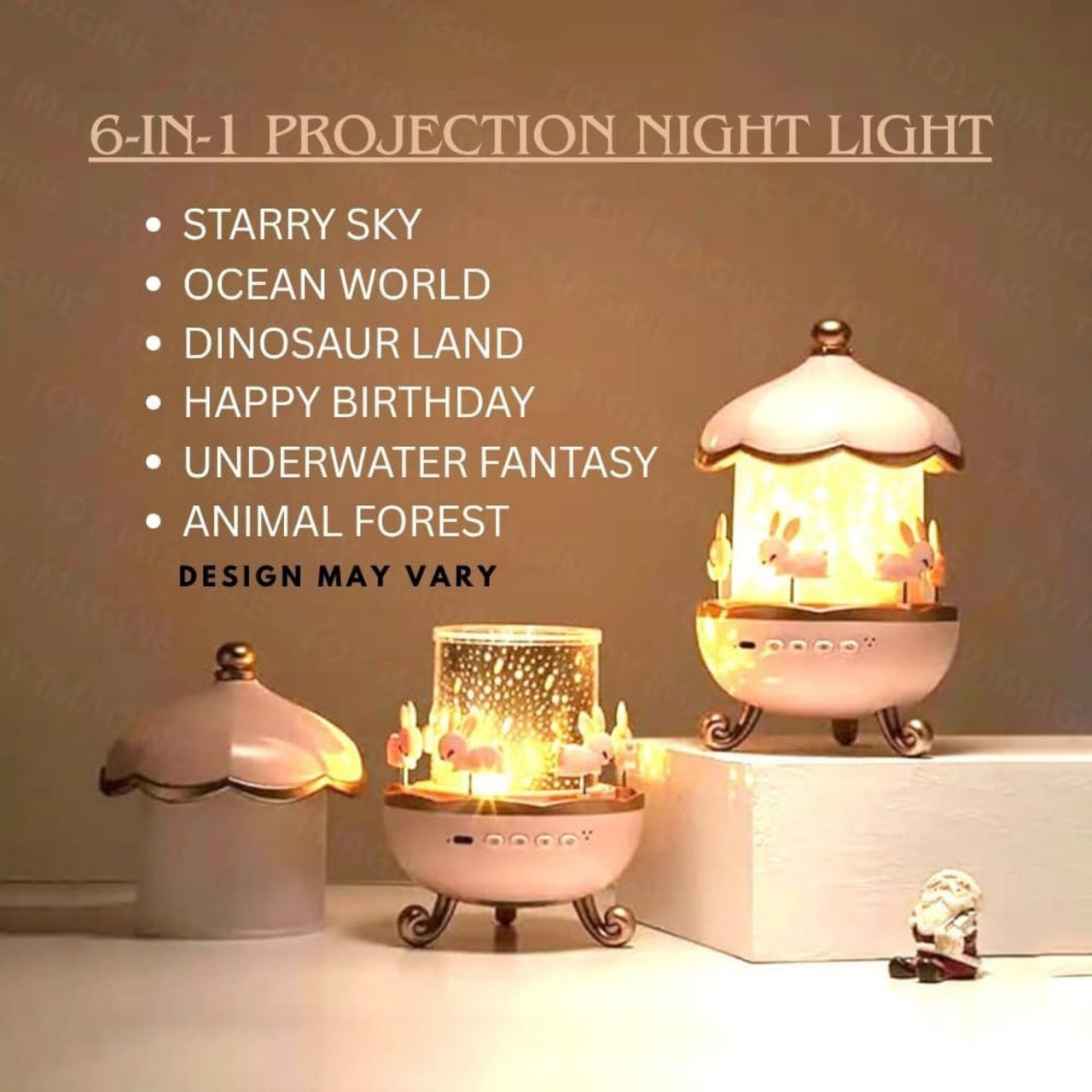 6-in-1 projection night light with various themes on a neutral background