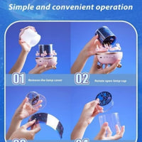 Step-by-step instructions for operating a device with hands removing lamp cover and rotating open lamp cup on a blue background.