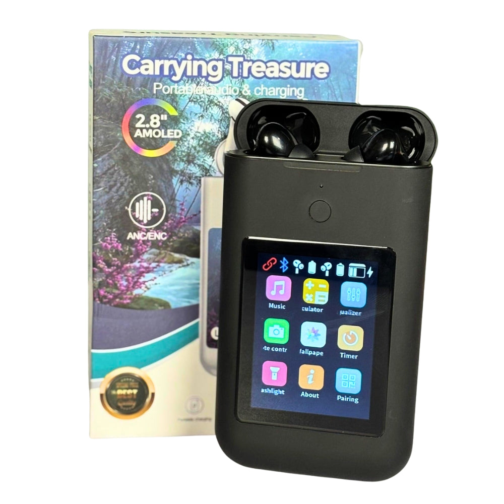 Carrying Treasure AirPods with 2.8” HD Touch Screen | Smart Display Charging Case | Bluetooth 5.3 Earbuds with Deep Bass & Fast Charging –