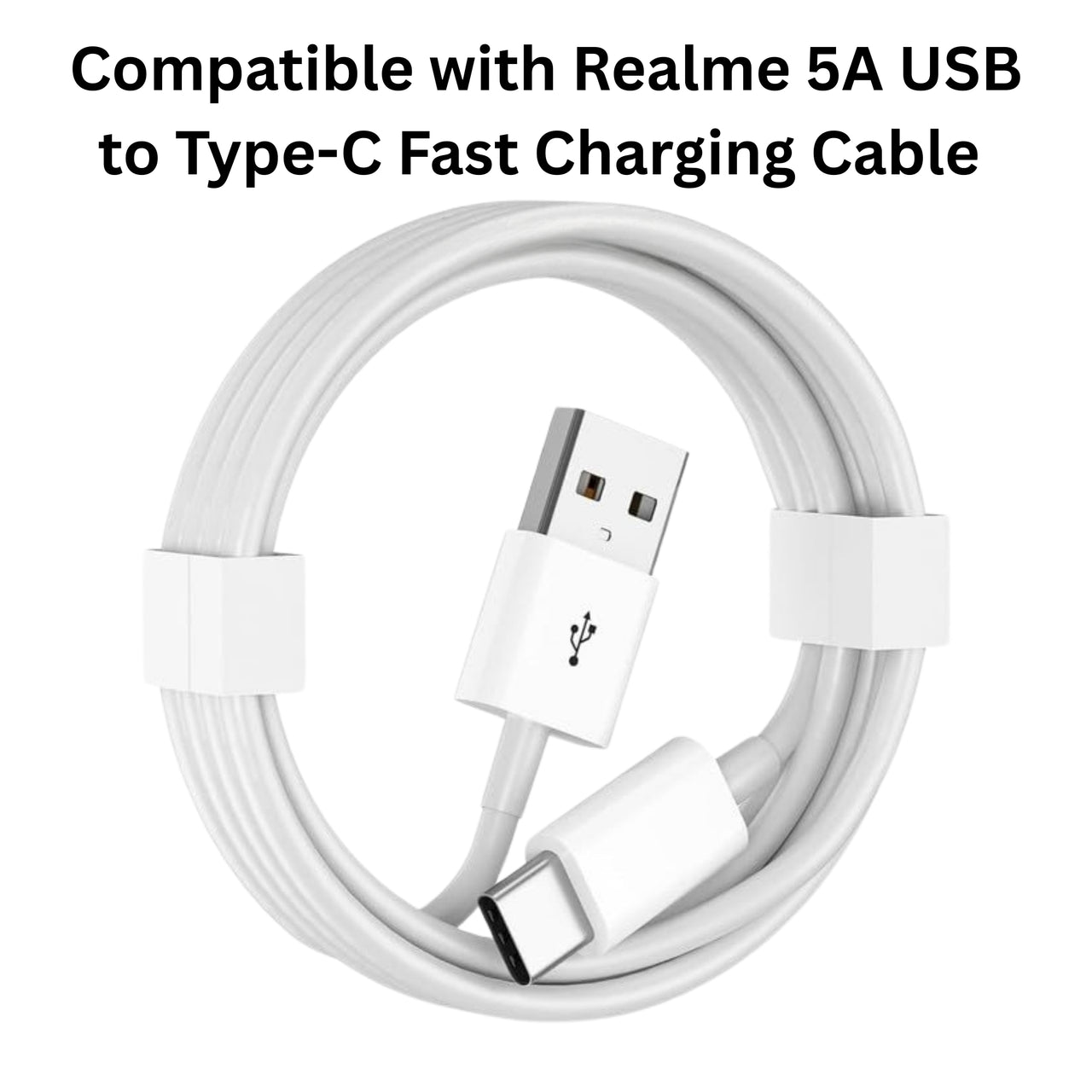 White USB to Type-C fast charging cable on a white background with text indicating compatibility with Realme 5A USB.
