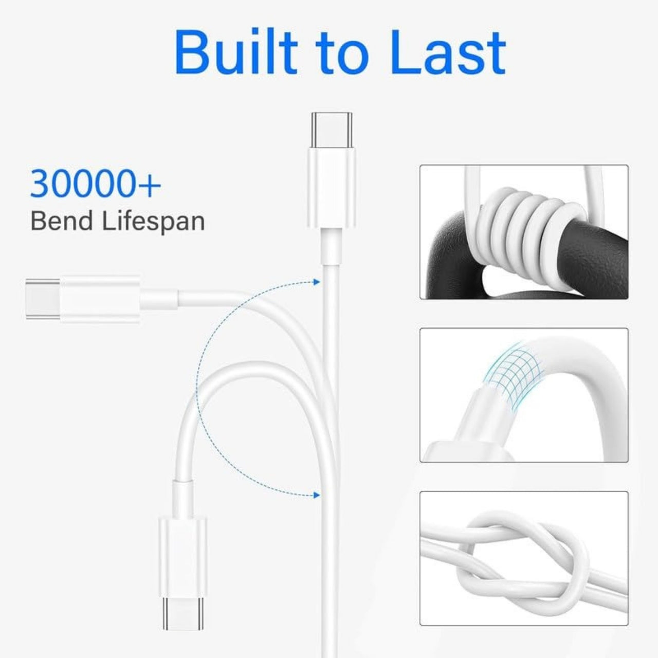 Cable with 'Built to Last' and '30000+ Bend Lifespan' text on a white background