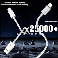 White USB cable with connectors on a dark background, featuring text about durability and specifications.