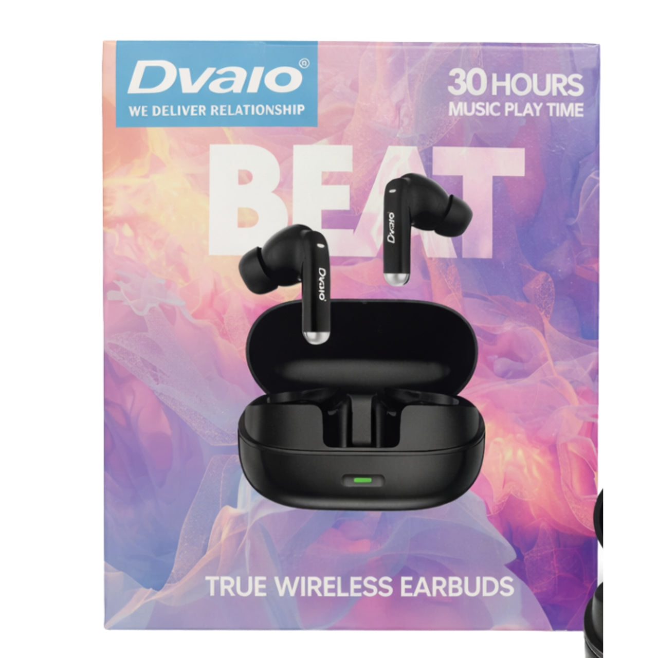 Dvalo true wireless earbuds packaging with colorful background