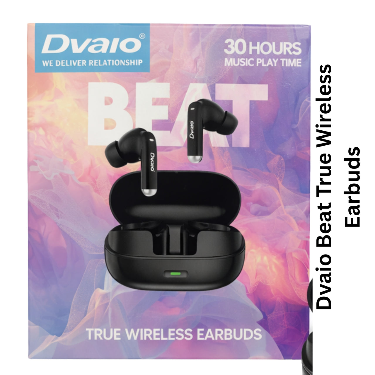 Dvaio Beat True Wireless Earbuds with charging case on a colorful background