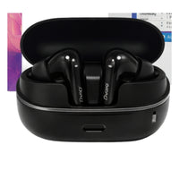 Black wireless earbuds in a charging case with a white background