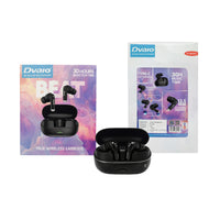 Black wireless earbuds with Dvaio packaging on a white background