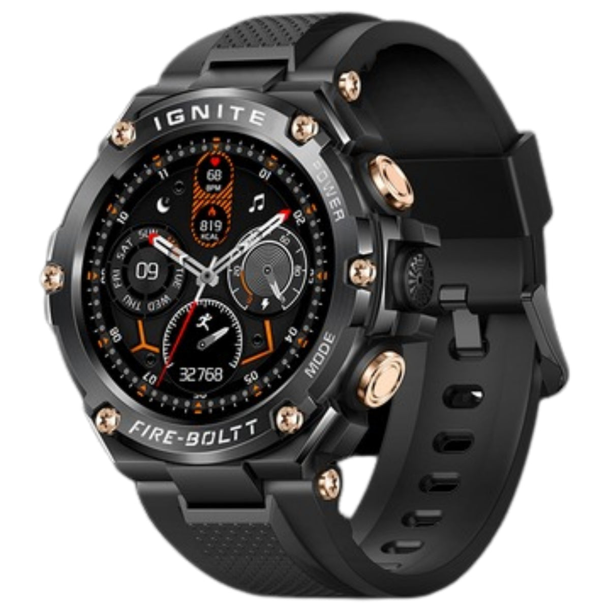Black smartwatch with detailed face and gold accents on a white background