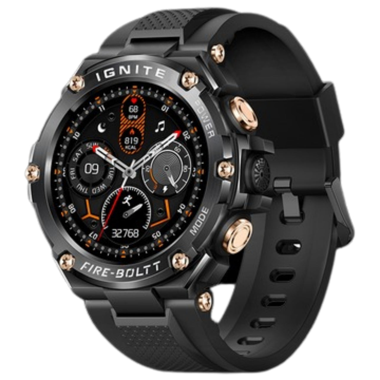 Black smartwatch with detailed face and gold accents on a white background