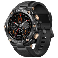 Black smartwatch with detailed face and gold accents on a white background