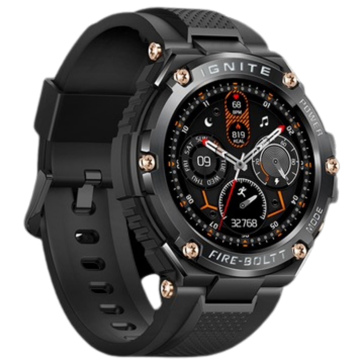 Black smartwatch with detailed face on a white background