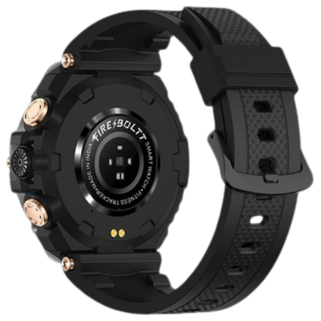 Black smartwatch with a textured band on a white background