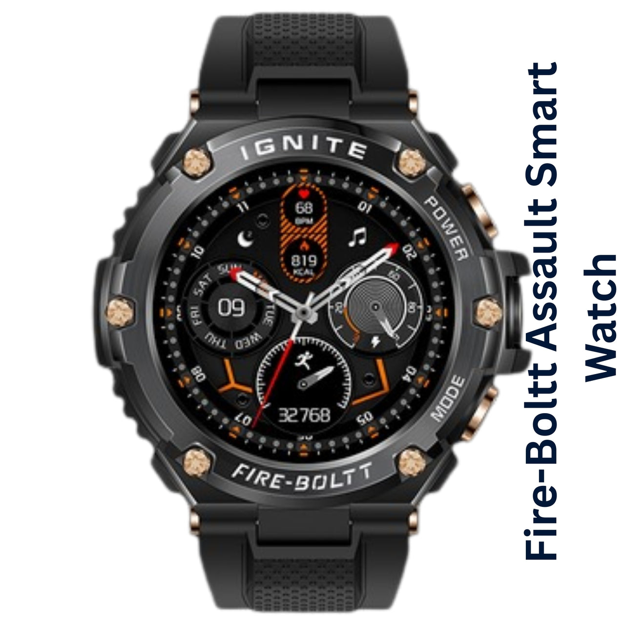 Black smartwatch with detailed display on a white background, featuring 'Fire-Boltt Assault Smart Watch' text.
