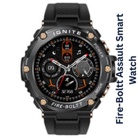 Black smartwatch with detailed display on a white background, featuring 'Fire-Boltt Assault Smart Watch' text.
