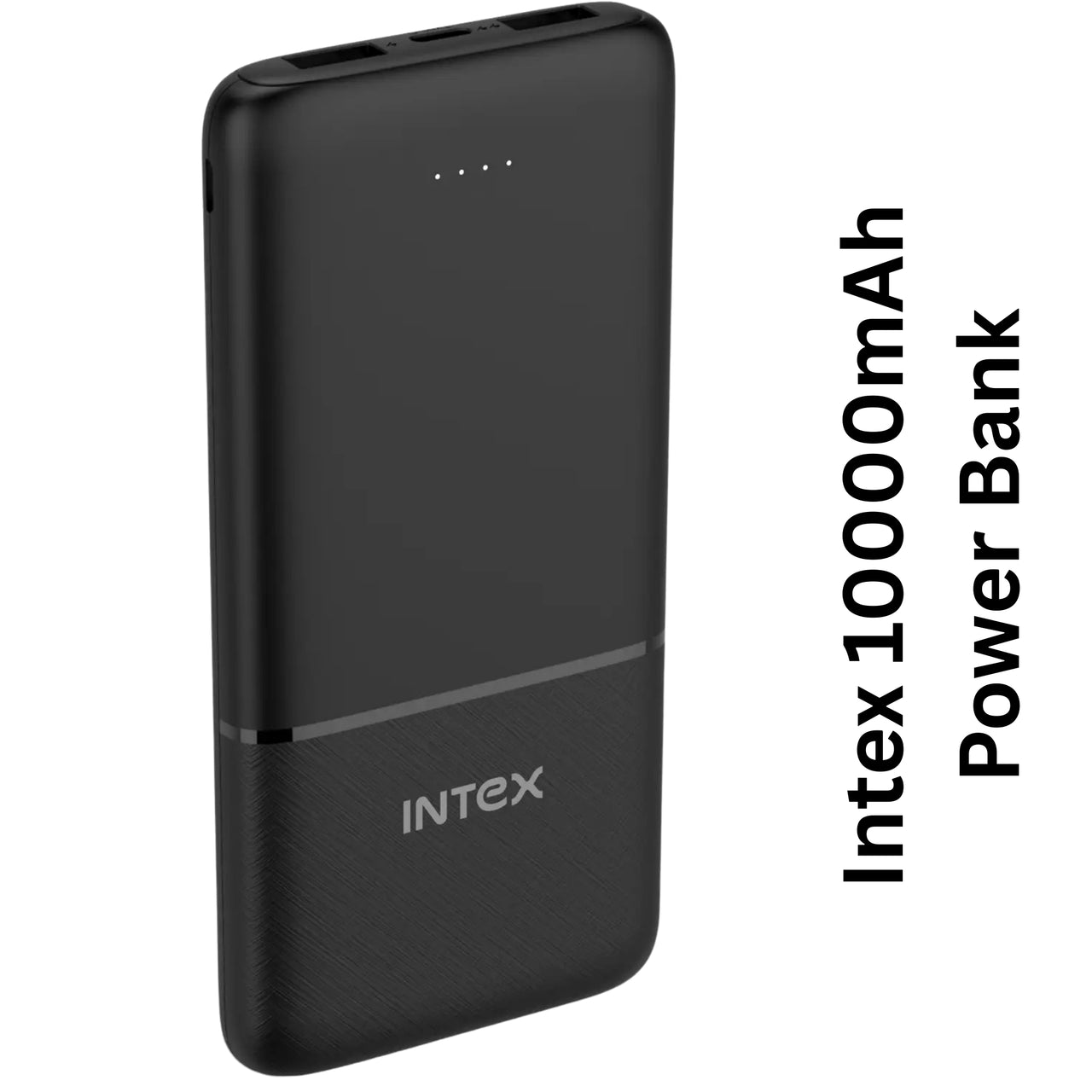 Black Intex power bank with 10000mAh capacity on a white background