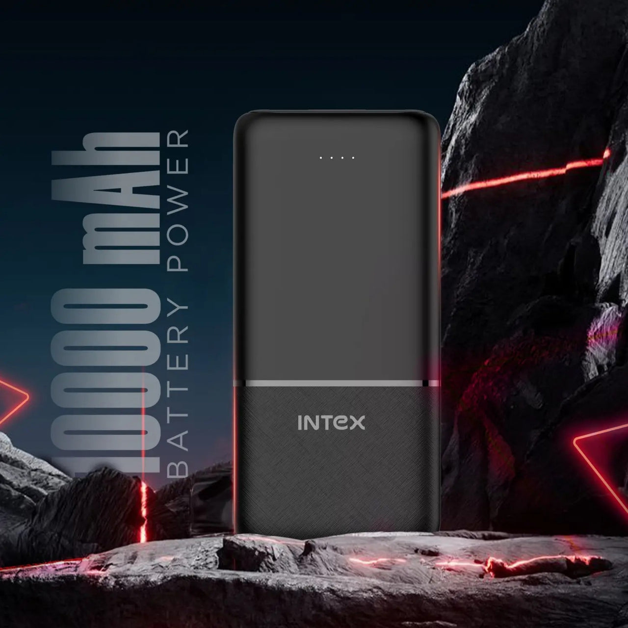 Intex power bank on a rocky surface with '10000 mAh' text