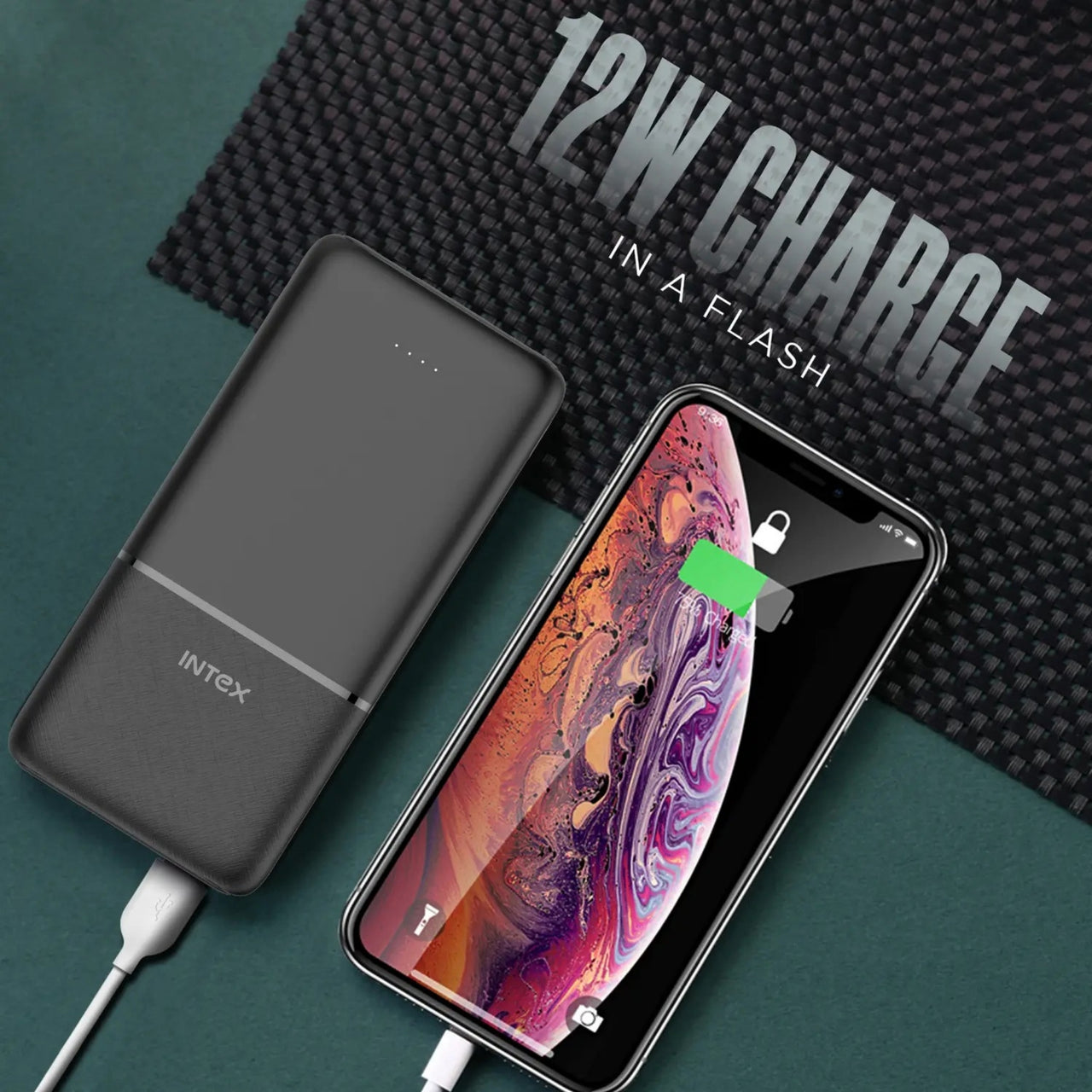 Intex power bank charging a smartphone with text '12W Charge in a Flash' on a dark background.